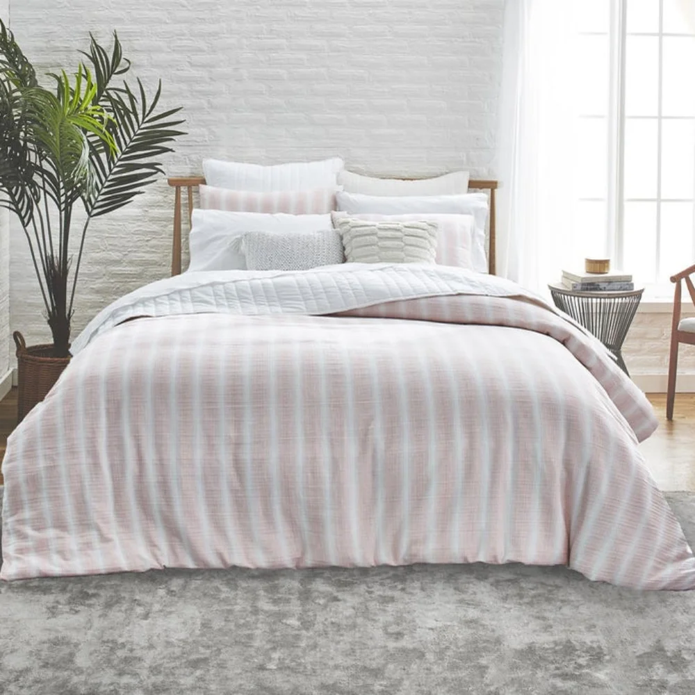 3Pc Splended Home Capitola Pink & White Striped Queen Duvet & Pillowcase Set
